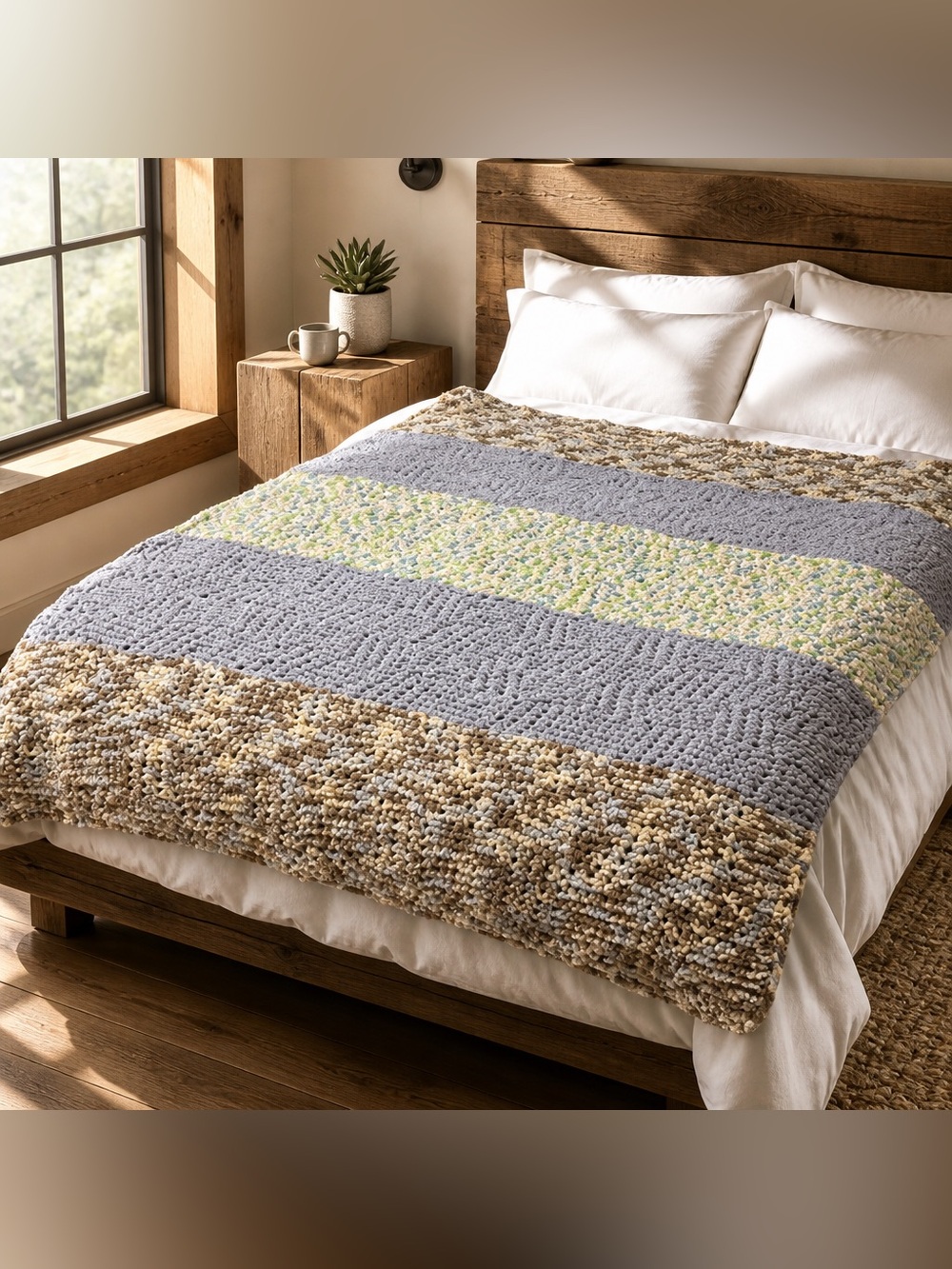 Coastal Striped Chunky Knit Afghan Blanket